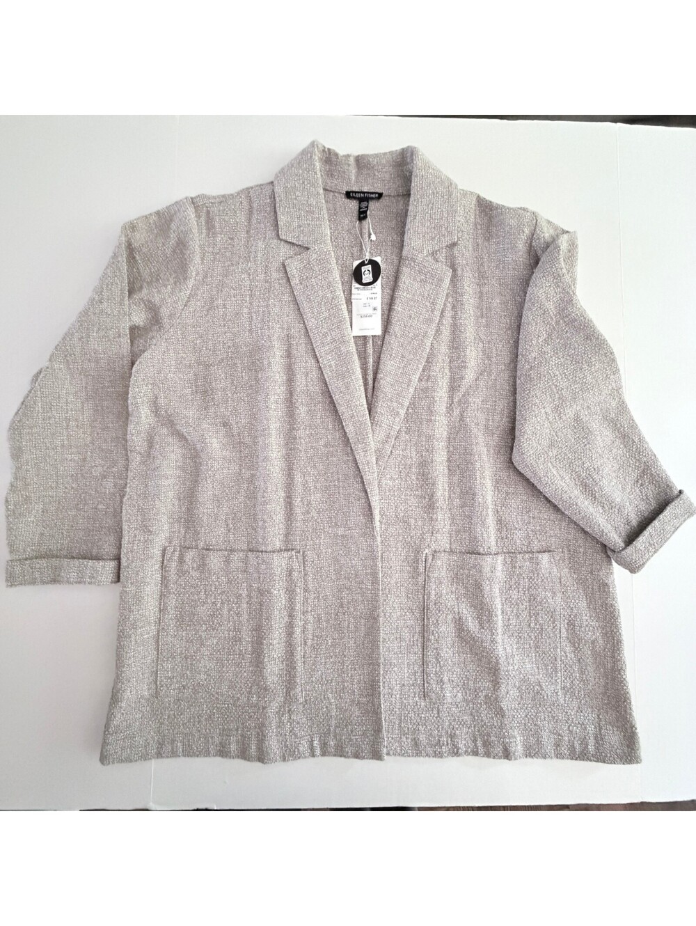 Eileen Fisher Women's Large Beige Textured Cotton Blend Open Front Blazer Jacket